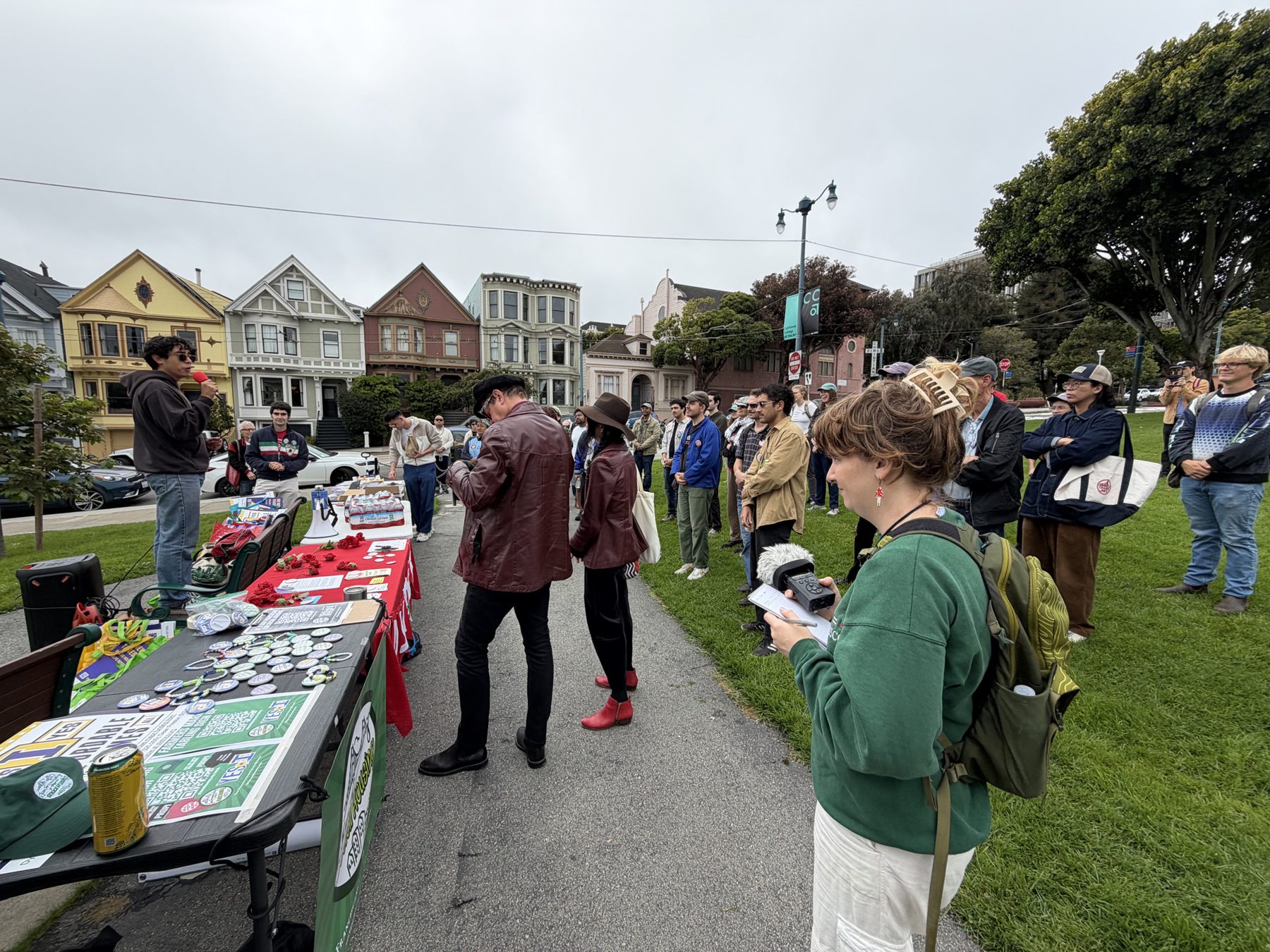 Neighbors gathered in a park for a ballot measure campaign kickoff